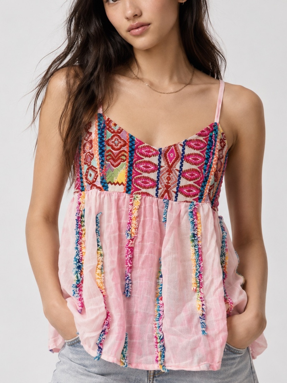 En Creme Pink Embroidered Fringe Boho Tank Top S